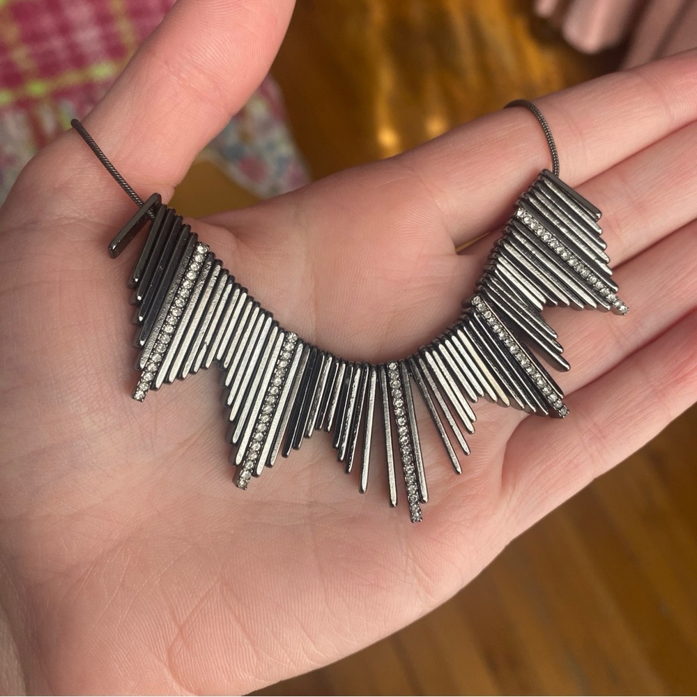 Gunmetal Spikes Necklace with Rhinestones